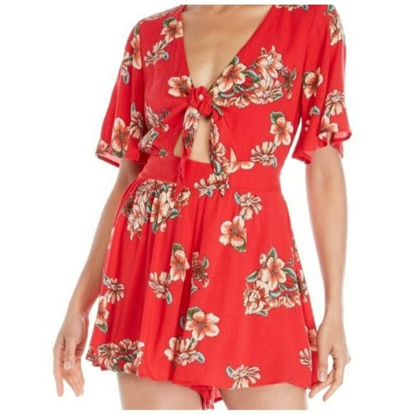 ILLA ILLA Women's Red Multi Smocked Short Tie Front V-neckline Cutout Romper - Picture 1 of 10